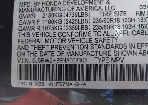 2022 Honda Cr-V Awd Ex-L из США, поврежденный, VIN 5J6RW2H89NA008105